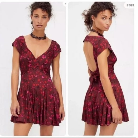 NWT Free People It Takes Two Mini Dress Ivory Floral Sleeveless Wrap Plum Combo - Picture 9 of 10